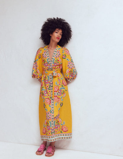 Octavia Linen Blend Dress-Yellow Blossom Elegance