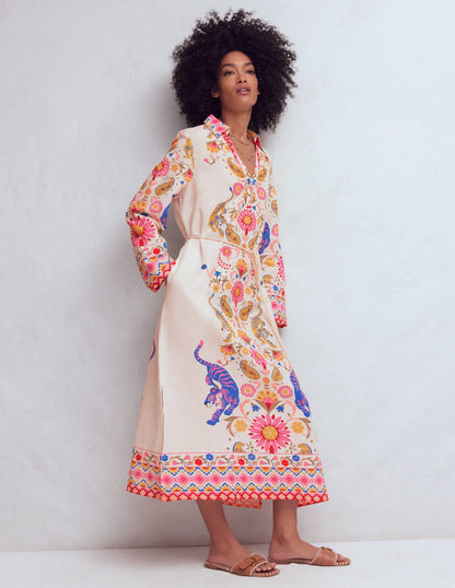 Notch Collar Linen Blend Tunic-Multi Tiger Tapestry