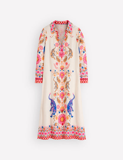 Notch Collar Linen Blend Tunic-Multi Tiger Tapestry
