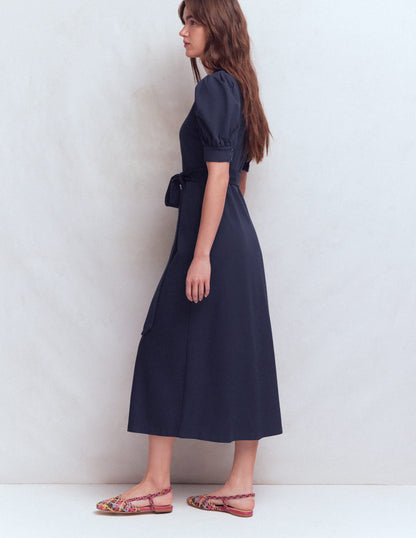 Puff Sleeve Ponte Shirt Dress-Navy