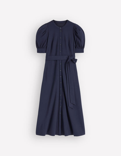 Puff Sleeve Ponte Shirt Dress-Navy