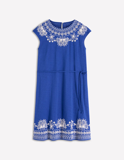 Embroidered Jersey Short Dress-Bright Blue
