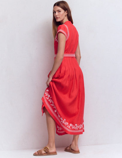Arabella Linen Blend Dress-Red Embroidery