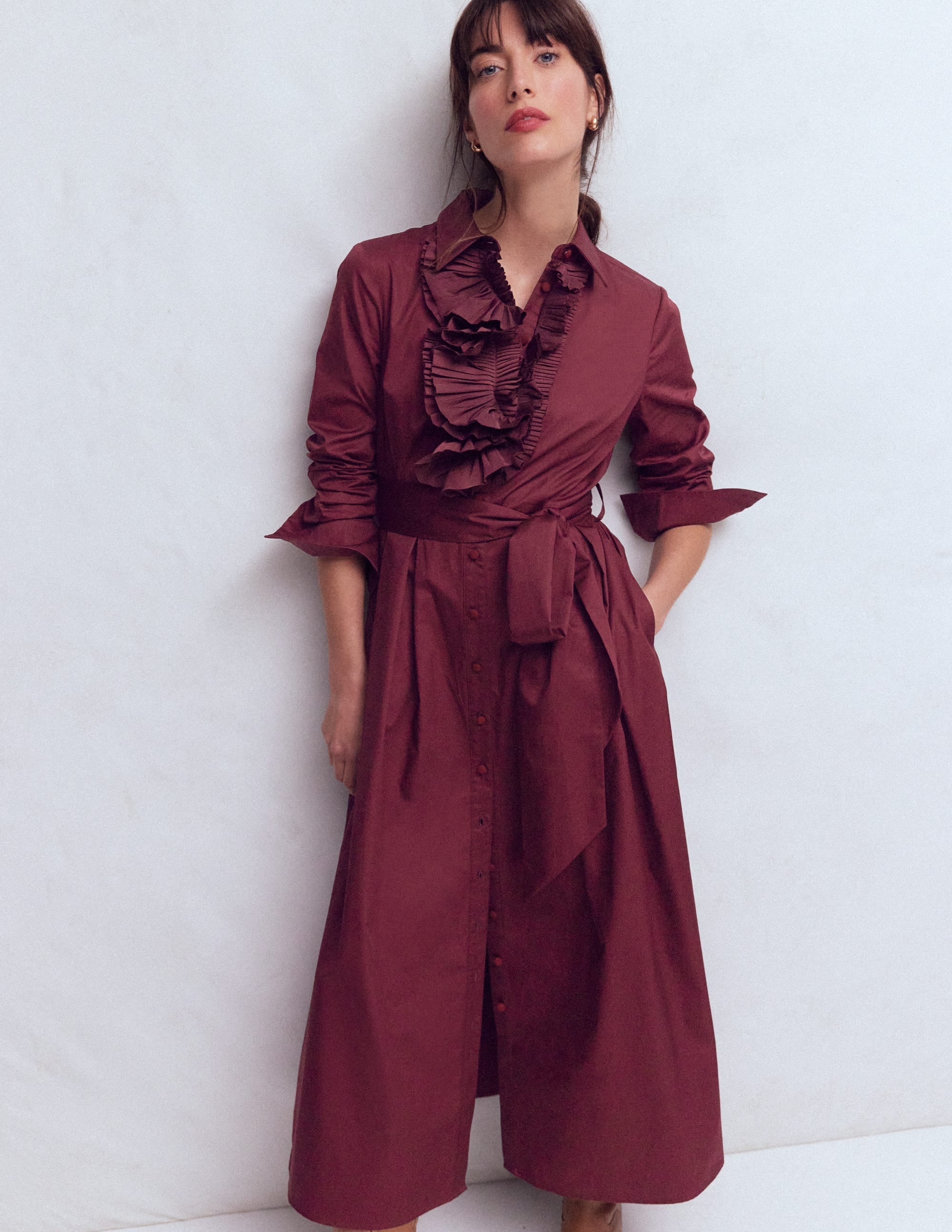 Pleated Ruffle Shirt Dress-Deep Wisteria