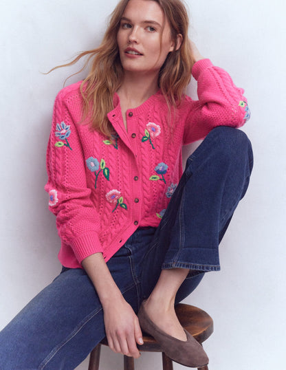 Liv Embroidered Cable Cardigan-Pink Peony