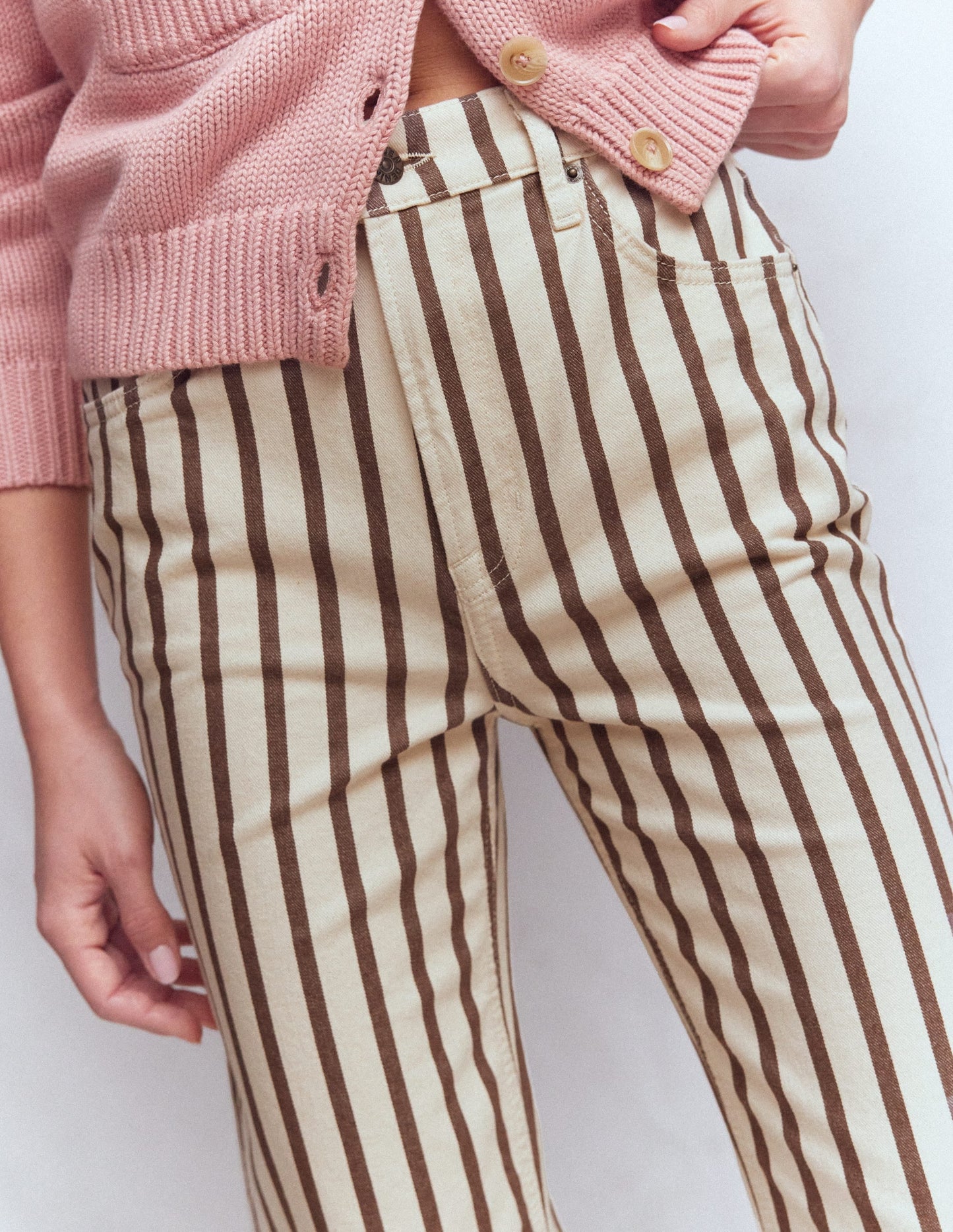 High Rise Straight Jeans-Brown Ecru Stripe