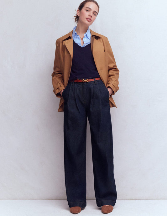 Pleated Wide Leg Jeans-Indigo Rinse