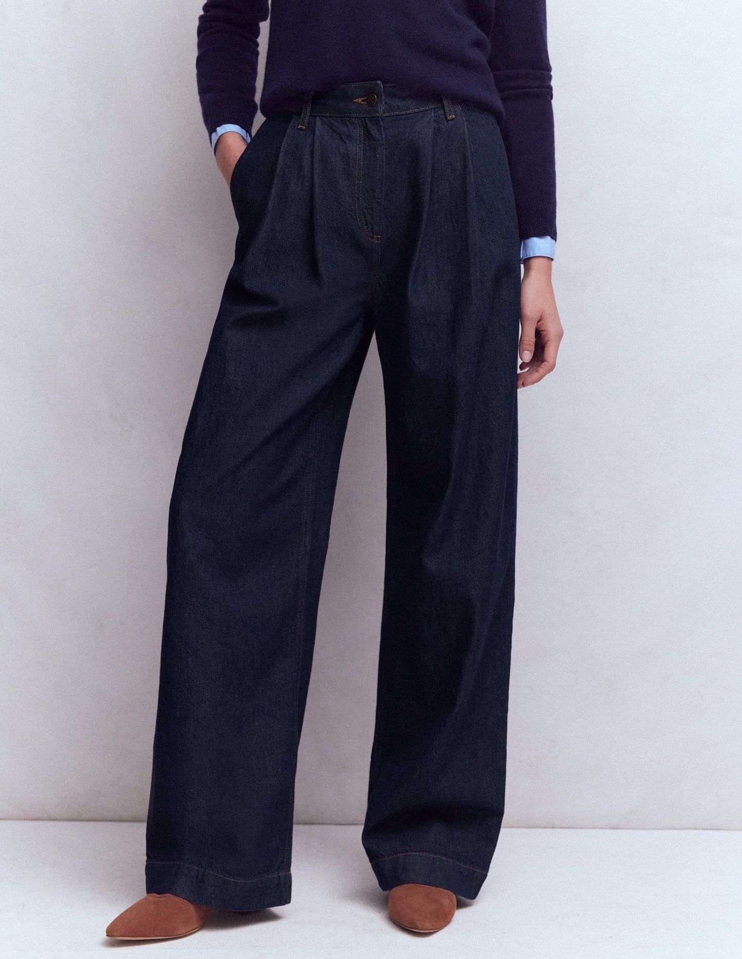 Pleated Wide Leg Jeans-Indigo Rinse