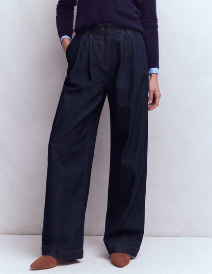 Pleated Wide Leg Jeans-Indigo Rinse
