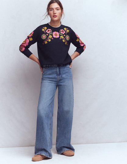 Hannah Embroidered Sweatshirt-Navy Multi Embroidery