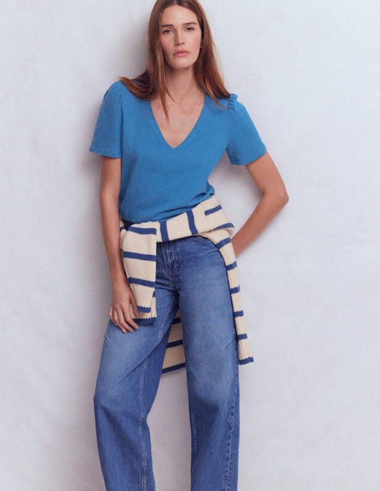 Sophie V-neck Slub T-shirt-Vallarta Blue