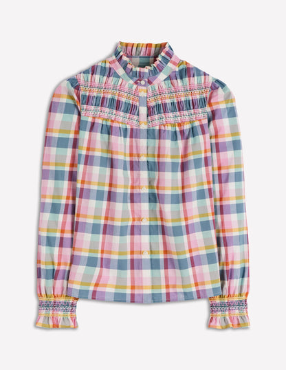 Esme Smocked Detail Frill Top-Multi Check