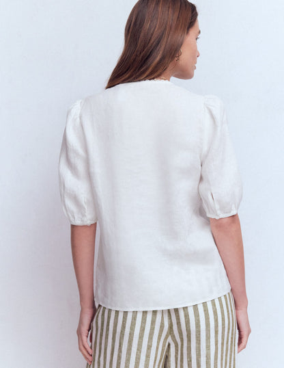 Leah Short Sleeve Linen Top-White