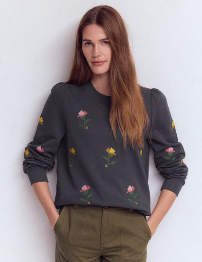 Puff Sleeve Embroidered Sweat-Cross Stitch Flower Embroidery
