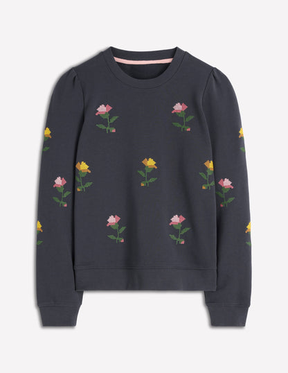 Puff Sleeve Embroidered Sweat-Cross Stitch Flower Embroidery