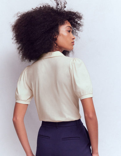 Short Sleeve Zip Collar Top-Ivory