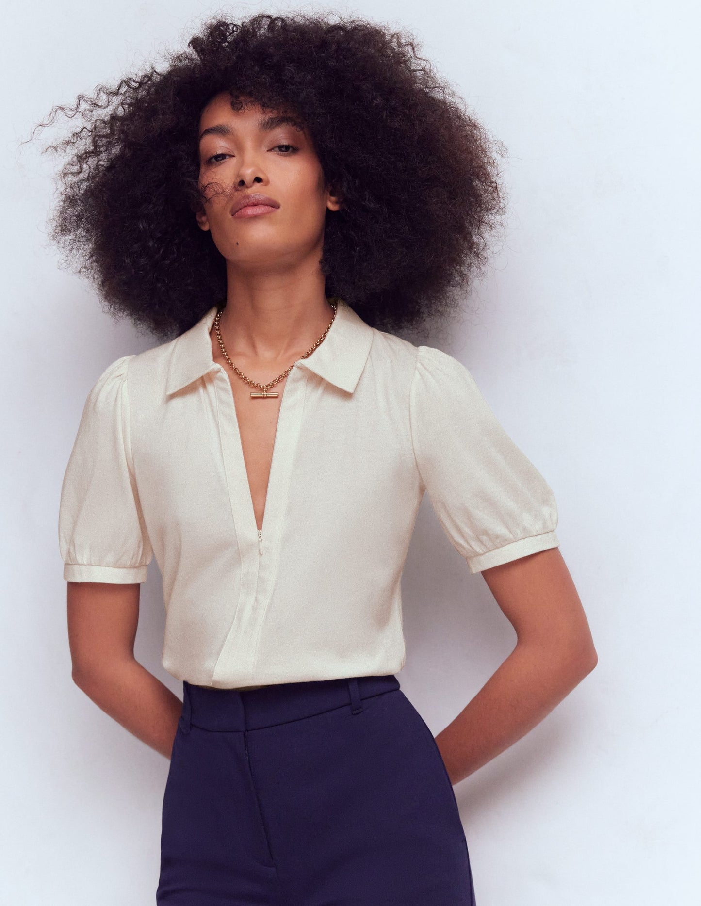 Short Sleeve Zip Collar Top-Ivory