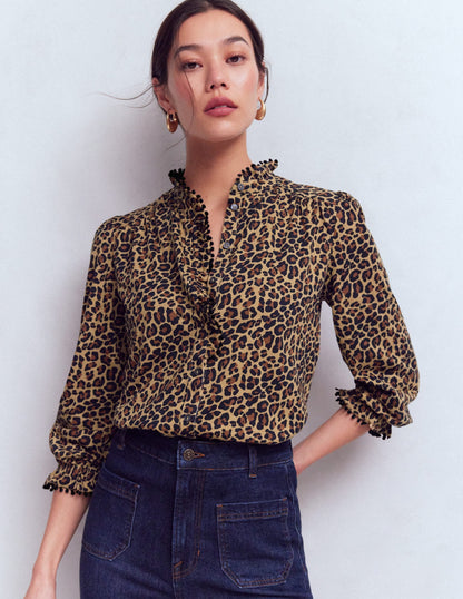 Emily Pom Trim Ruffle Shirt-Cheetah Spot