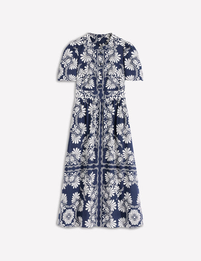 Ivy Button Cotton Midi Dress-French Navy Botanical Charm