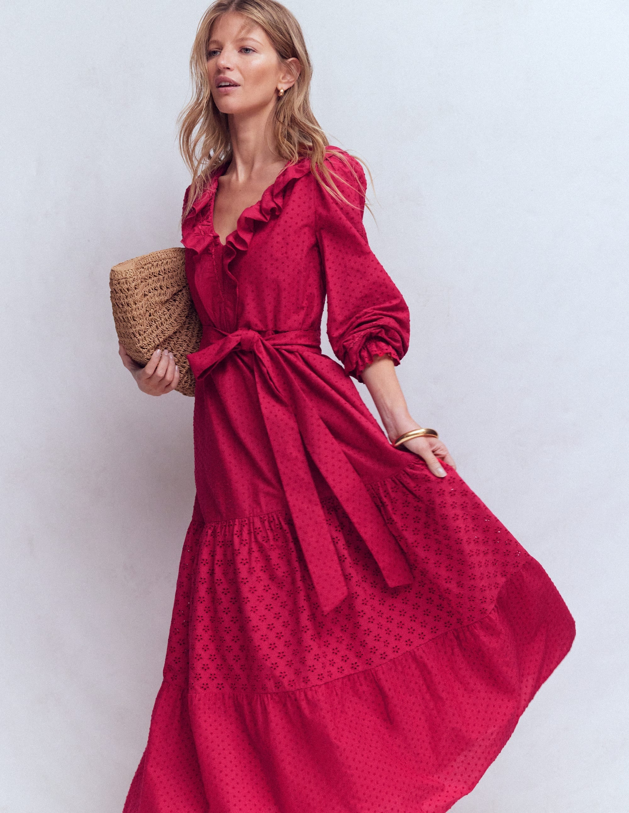 Ruffle Front Cotton Dress-Persian Red