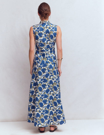 Erma Drop Waist Linen Dress-Blue Shadow Blossom