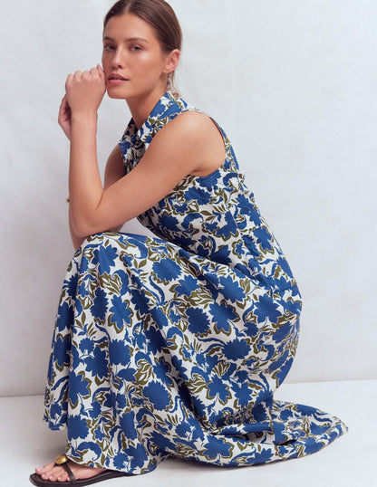 Erma Drop Waist Linen Dress-Blue Shadow Blossom