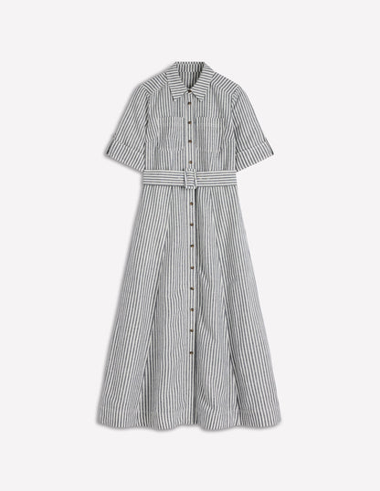 Ora Linen Blend Shirt Dress-Navy Ivory Stripe