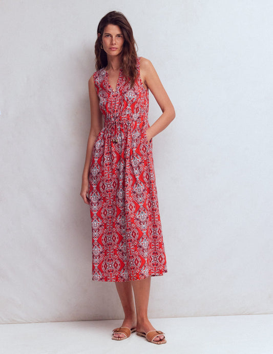 Delphine Midi Sleeveless Dress-Blood Orange, Gardenia