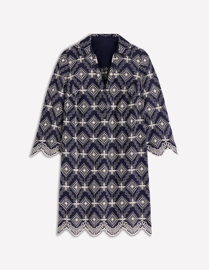 Carmen Broderie Short Dress-Navy Broderie