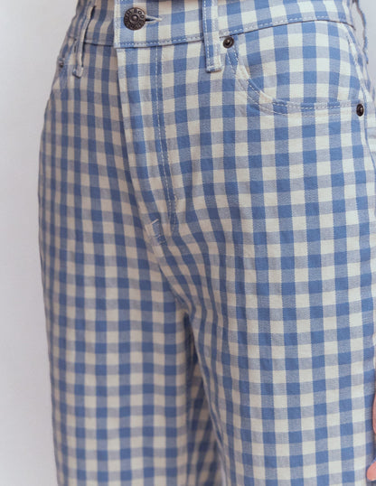 High Rise Straight Jeans-Blue Gingham