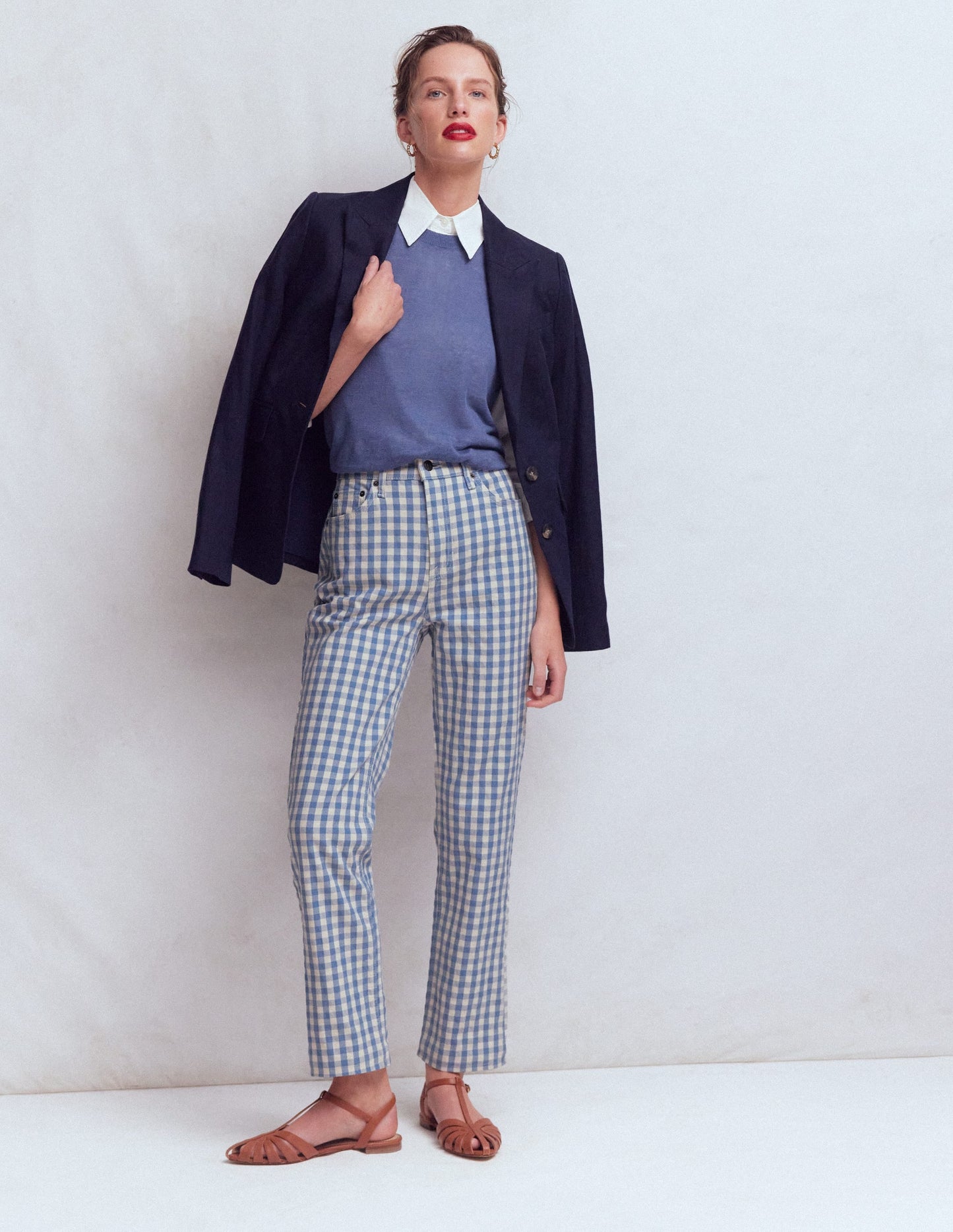 High Rise Straight Jeans-Blue Gingham