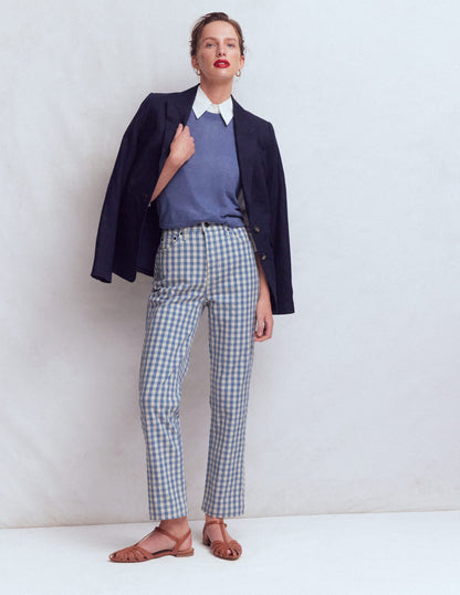 High Rise Straight Jeans-Blue Gingham
