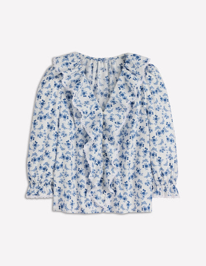 Eliza Ruffle V-Neck Blouse-Tourmaline Blue, Dainty Vine
