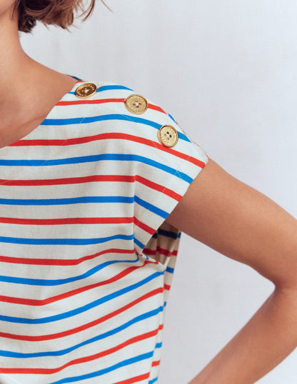 Button Detail T-Shirt-Fire Cracker, King Fisher Blue