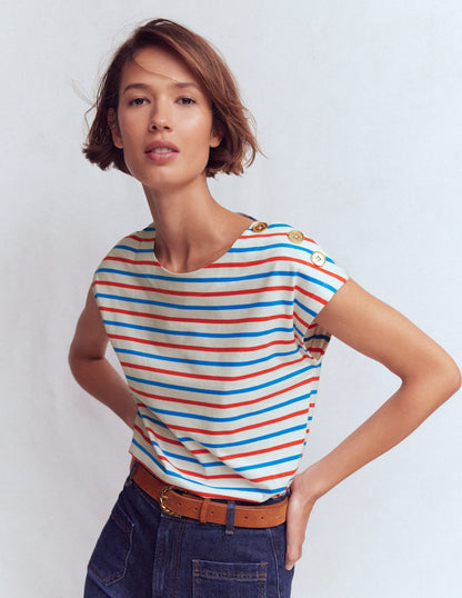 Button Detail T-Shirt-Fire Cracker, King Fisher Blue