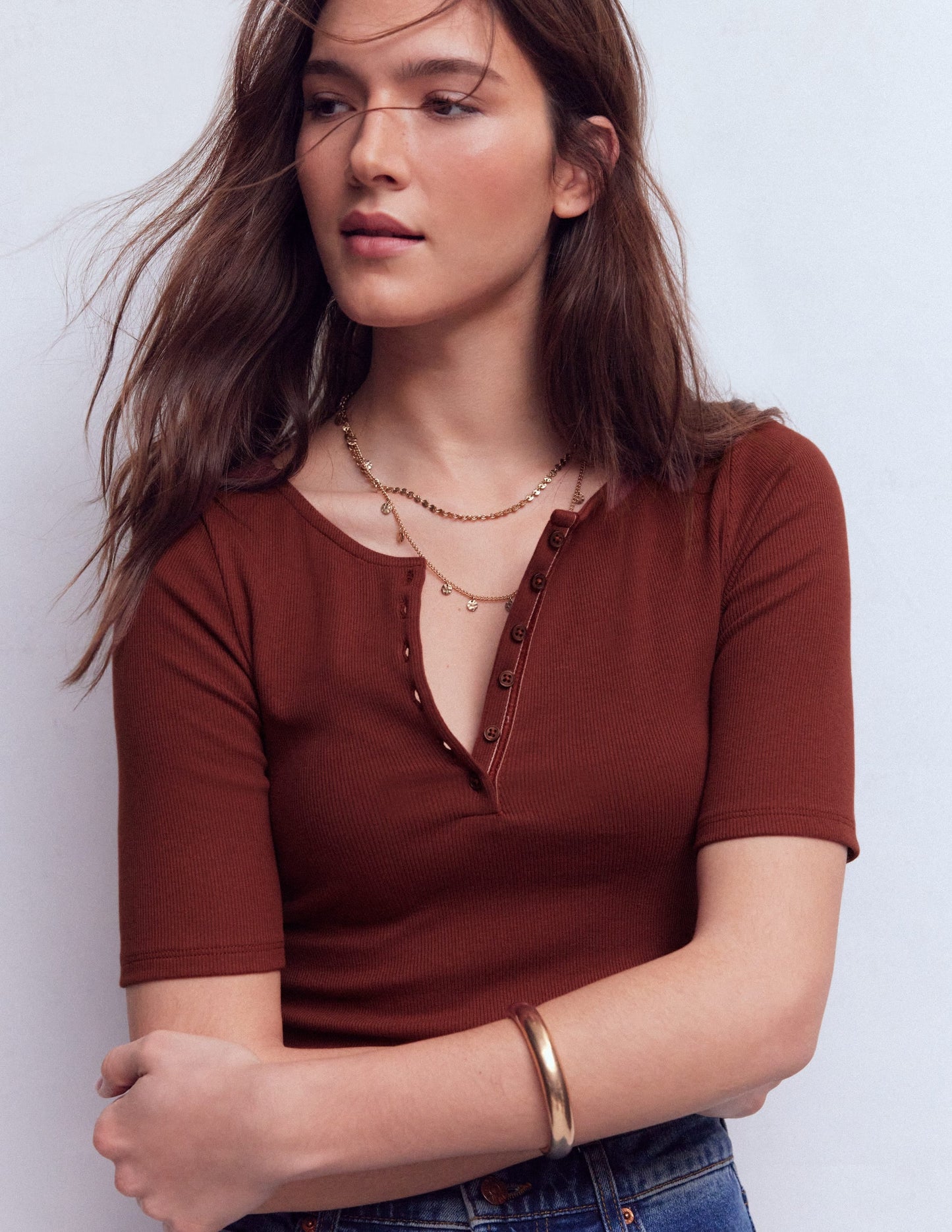 Short Sleeve Rib Henley-Roasted Brown