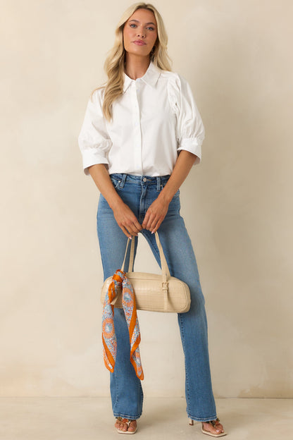 Not Your Basic White Cotton Puff Sleeve Button-Up Top