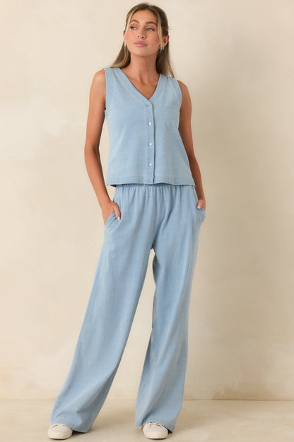 Casual Company Light Denim Blue Cotton Button Front Tank Top