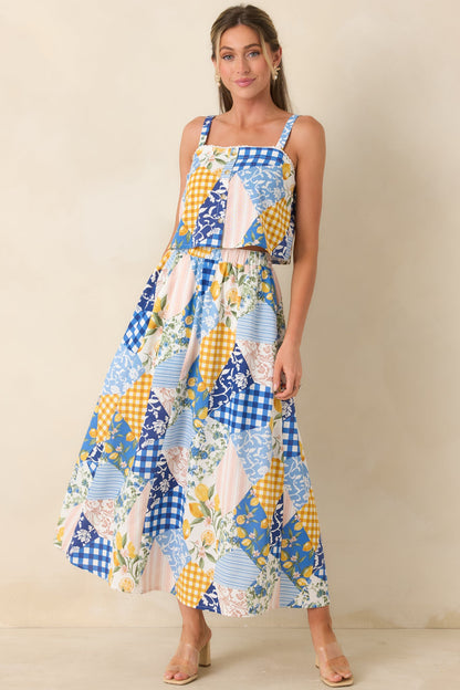Picnic Plans Blue Multi Patchwork Print Crop Top