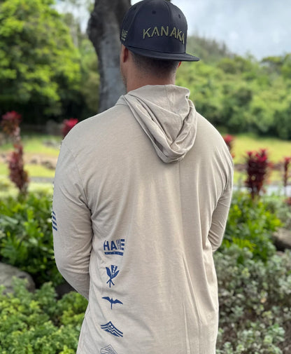 Aloha Aina Cotton Blend Hooded Long Sleeve Navy on Heathered Tan