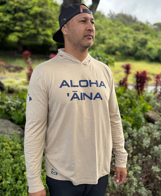 Aloha Aina Cotton Blend Hooded Long Sleeve Navy on Heathered Tan