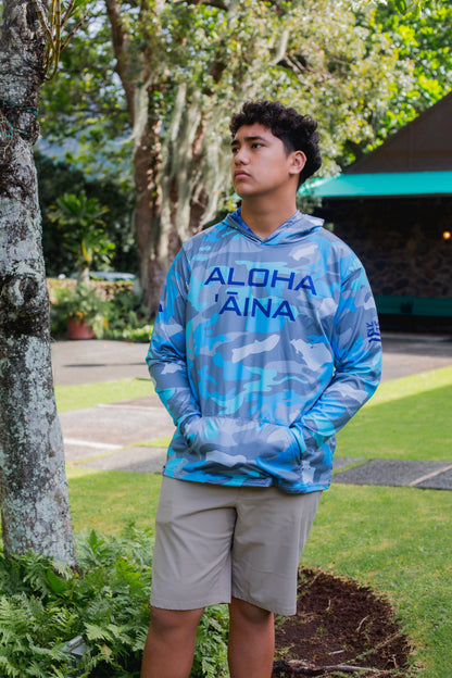 Aloha Aina Namoku Camo Hooded Long Sleeve Drifit Moana Blue