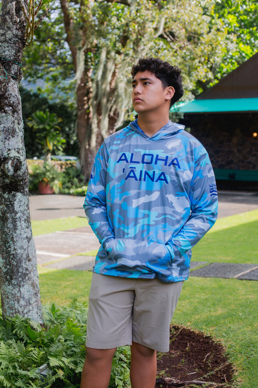 Aloha Aina Namoku Camo Hooded Long Sleeve Drifit Moana Blue