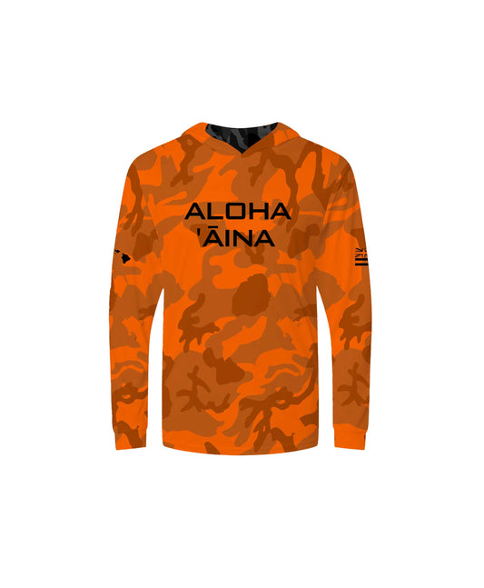 Aloha Aina Namoku Camo Youth Hooded Long Sleeve Drifit Burnt Orange