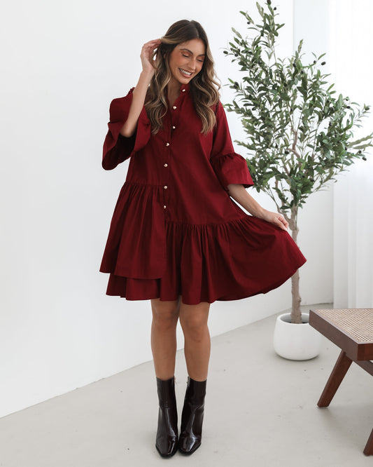 Araina Wine Dress | Women's Shirt Mini Dress