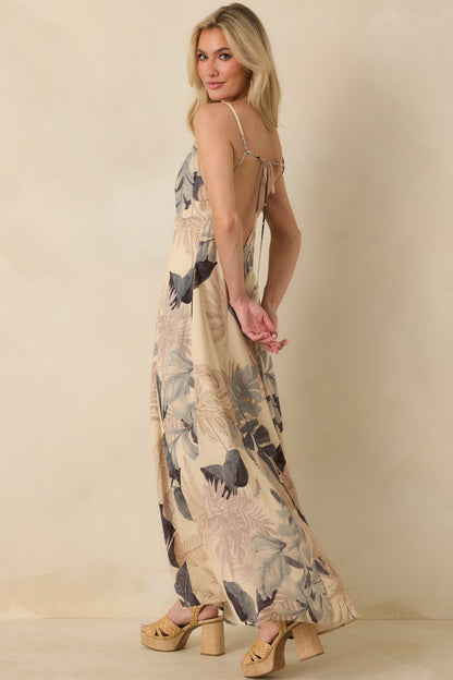 Say It Again Beige Multi Tropical Tie-Back Maxi Dress