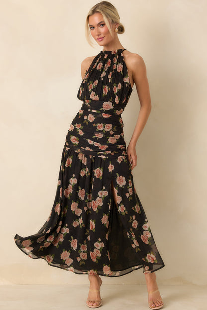 All This Charm Black Multi Floral Pattern Gathered Chiffon Halter Maxi Dress