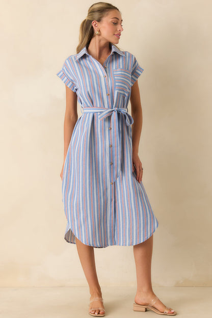 Prosperina Jules Blue & Red Stripe Cotton Midi Shirt Dress