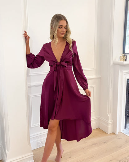 Bryleigh Dress Bordeaux | Women's Formal Satin Midi Dress