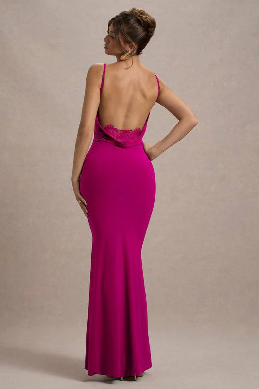 Francoise | Dark Pink Cowl Neck Backless Maxi Dress With Lace Insert